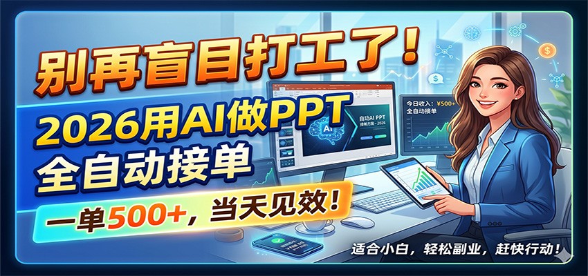 别再盲目打工了！2026用AI做PPT全自动接单，一单5张+，当天见效！-KJ分享