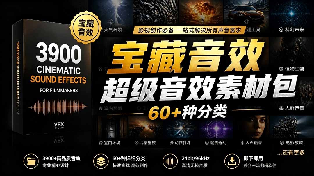 宝藏音效合集包！60+多种音效分类，共计3900个，分类清晰，全中文分类，高品质剪辑音效素材包-KJ分享