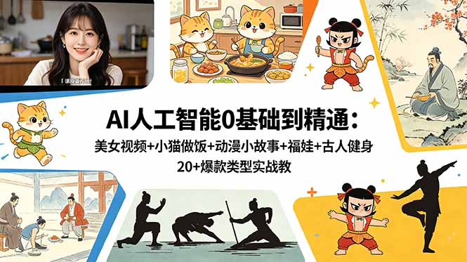 AI人工智能0基础到精通：美女视频+小猫做饭+动漫小故事+福娃+古人健身，20+爆款类型实战教学-KJ分享