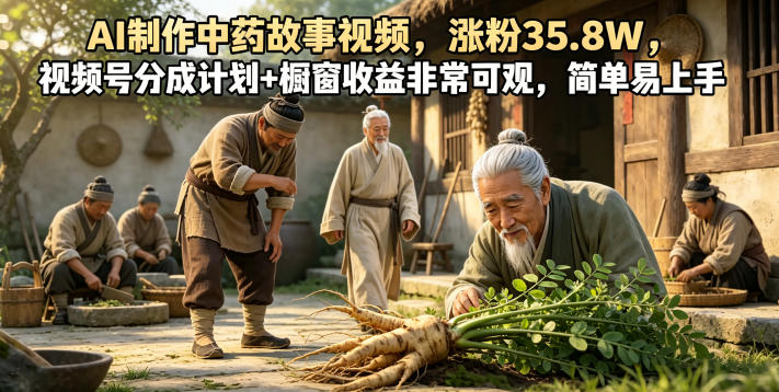 AI制作中药故事视频，涨粉35.8W，视频号分成计划+橱窗收益非常可观，简单易上手-KJ分享