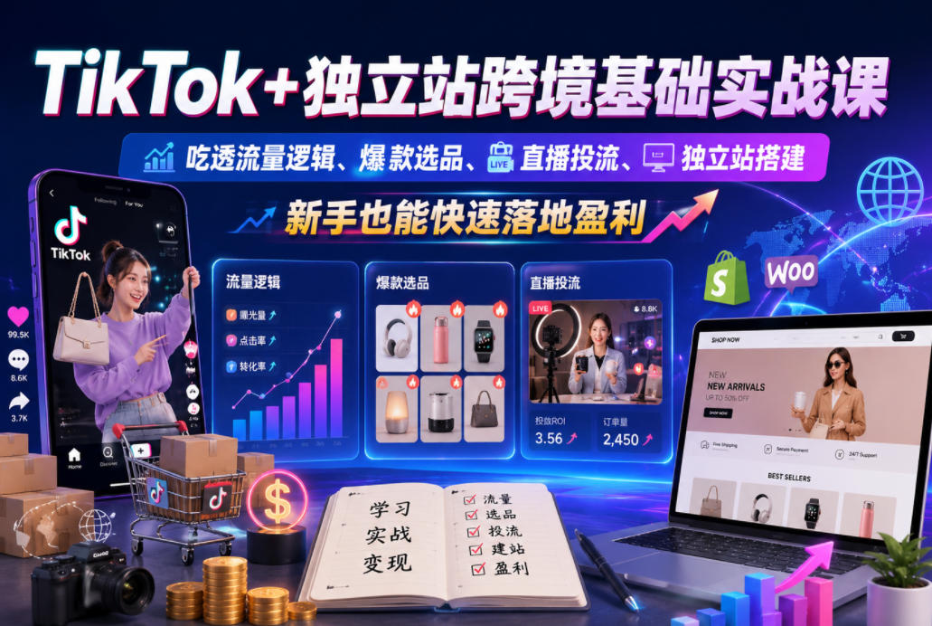 TikTok+独立站跨境基础实战课，吃透流量逻辑、爆款选品、直播投流与独立站搭建，新手也能快速落地盈利-KJ分享