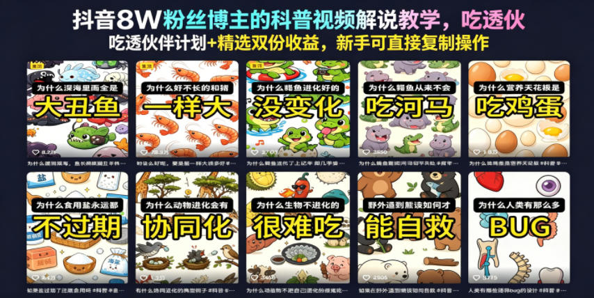 抖音8W粉丝博主的科普视频解说教学，吃透伙伴计划+精选双份收益，新手可直接复制操作-KJ分享