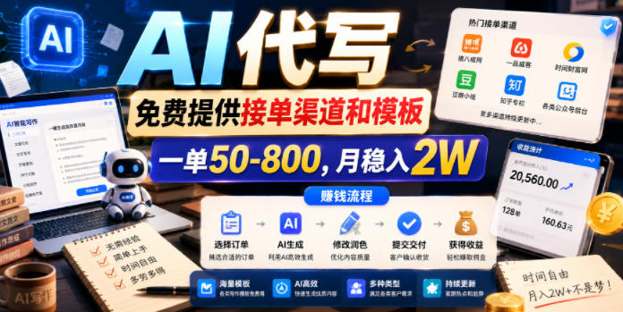 AI代写，免费提供接单渠道和模板，一单50-800，月稳入2W【揭秘】-KJ分享