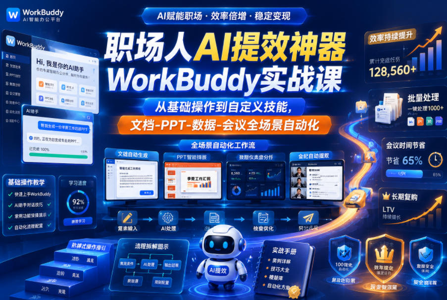 职场人AI提效神器WorkBuddy实战课，从基础操作到自定义技能，文档-PPT-数据-会议全场景自动化-KJ分享