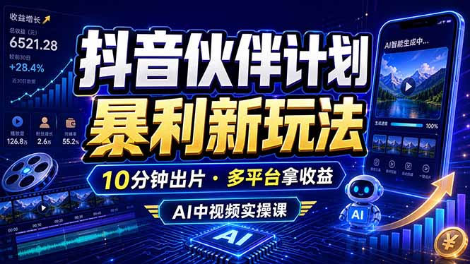 抖音伙伴计划最新玩法，无需配音剪辑，10分钟出一条原创视频，轻松日入三位数-KJ分享