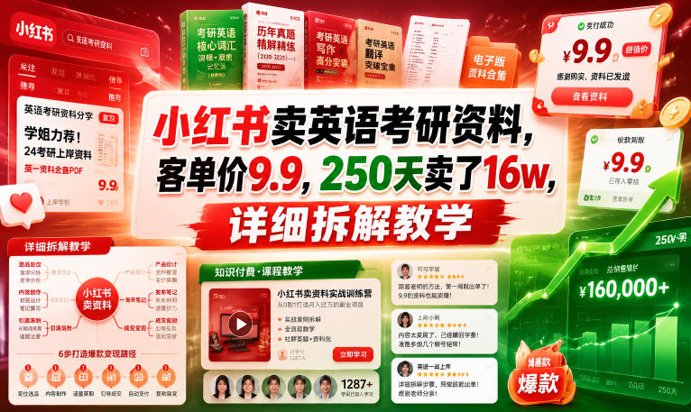 小红书卖英语考研资料，客单价9.9，250天卖了16w，详细拆解教学-KJ分享
