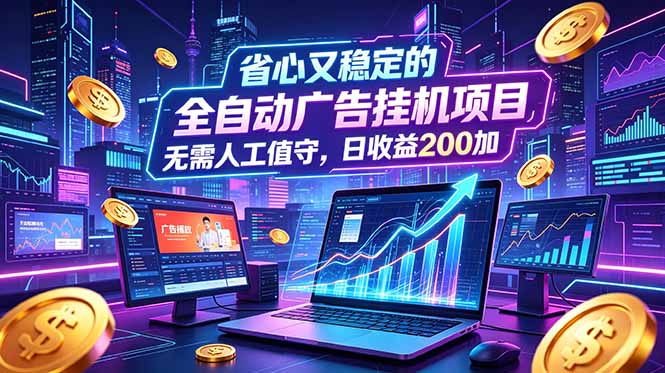 全自动广告挂机项目，全程无需人工值守。稳定创收每日收益200+-KJ分享