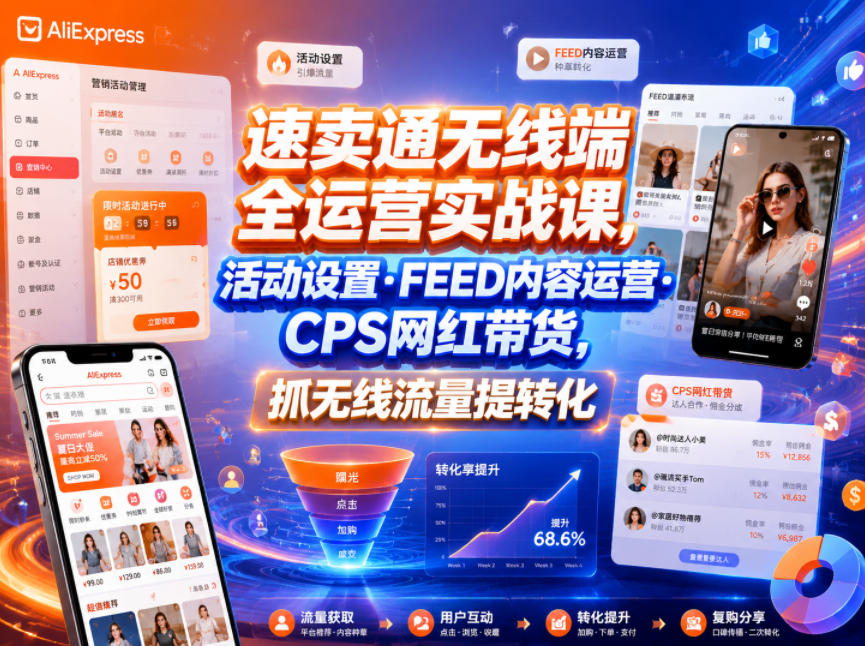 速卖通无线端全运营实战课，活动设置・FEED内容运营・CPS网红带货，抓无线流量提转化-KJ分享