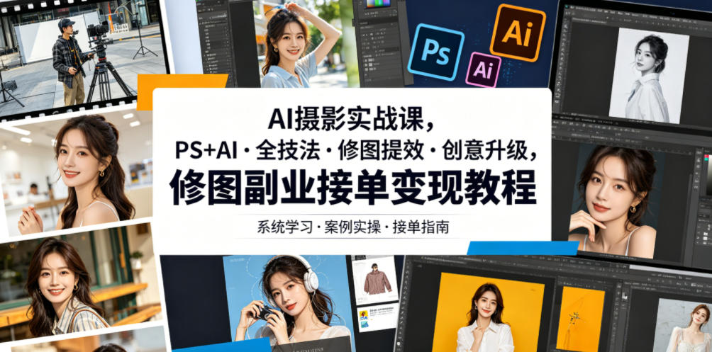 AI摄影实战课，PS+AI・全技法・修图提效・创意升级，修图副业接单变现教程-KJ分享