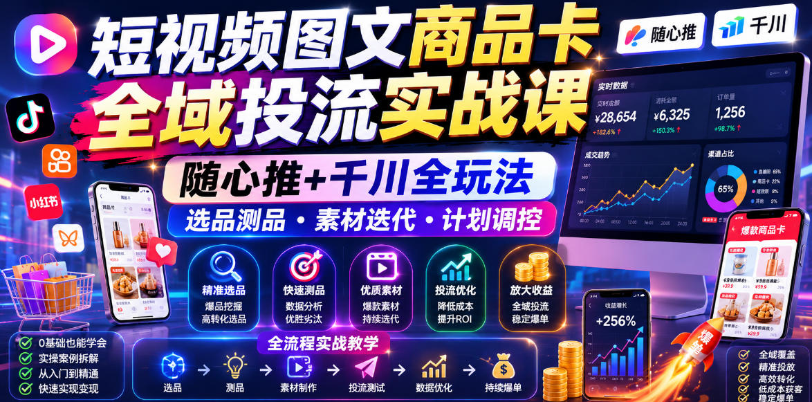 短视频图文商品卡全域投流实战课，随心推+千川全玩法，选品测品・素材迭代・计划调控，提升ROI爆单增收教程-KJ分享