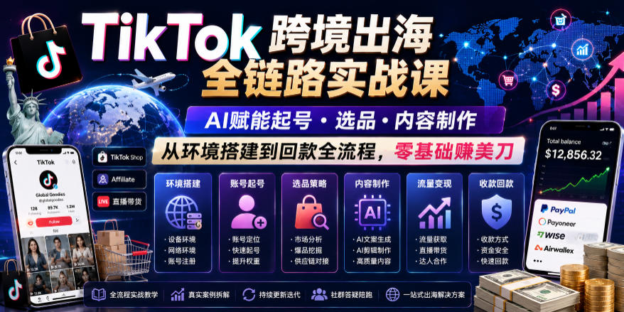 TikTok跨境出海全链路实战课，AI赋能起号・选品・内容制作，从环境搭建到回款全流程，零基础賺美刀-KJ分享