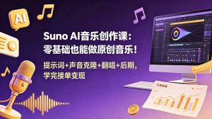 Suno AI音乐创作课：零基础也能做原创音乐！提示词+声音克隆+翻唱+后期，学完接单变现-KJ分享