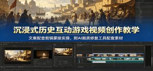 沉浸式历史互动游戏视频创作教学:文案配音剪辑蒙版实操,附AI画质修复工具配套素材-KJ分享