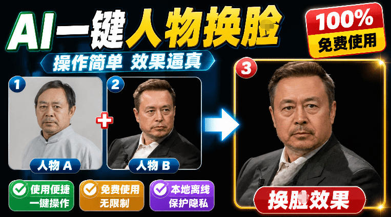 纯离线本地运行！AI一键人物lian部替换软件，支持图片换lian，效果逼真，最便捷换lian工具FaceSwap-KJ分享