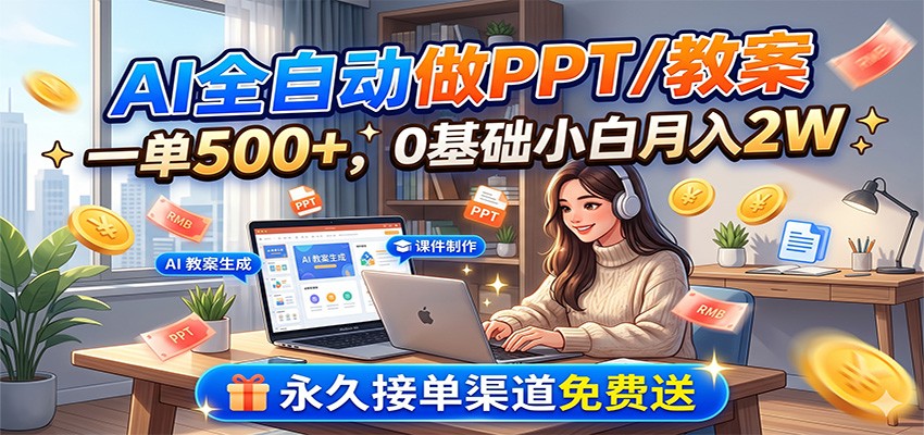 AI全自动做PPT/教案，一单500+，0基础小白月入2W，永久接单渠道免费送-KJ分享
