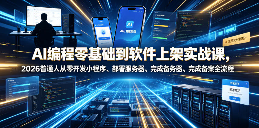 AI编程零基础到软件上架实战课，2026普通人从零开发小程序、部署服务器、完成备案全流程项目落地教程-KJ分享