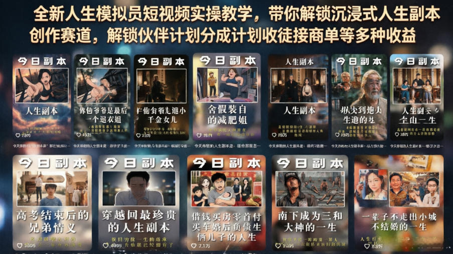 全新人生模拟员短视频实操教学，带你解锁沉浸式人生副本创作赛道，解锁伙伴计划分成计划收徒接商单等多种收益-KJ分享